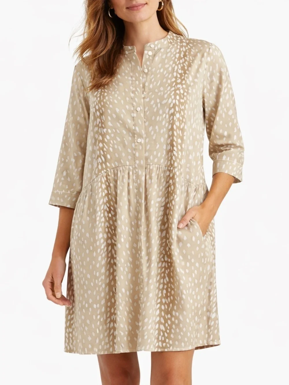 Tuckernuck Antelope Royal Shirt Dress XXL Tan White Print Pockets Knee Length